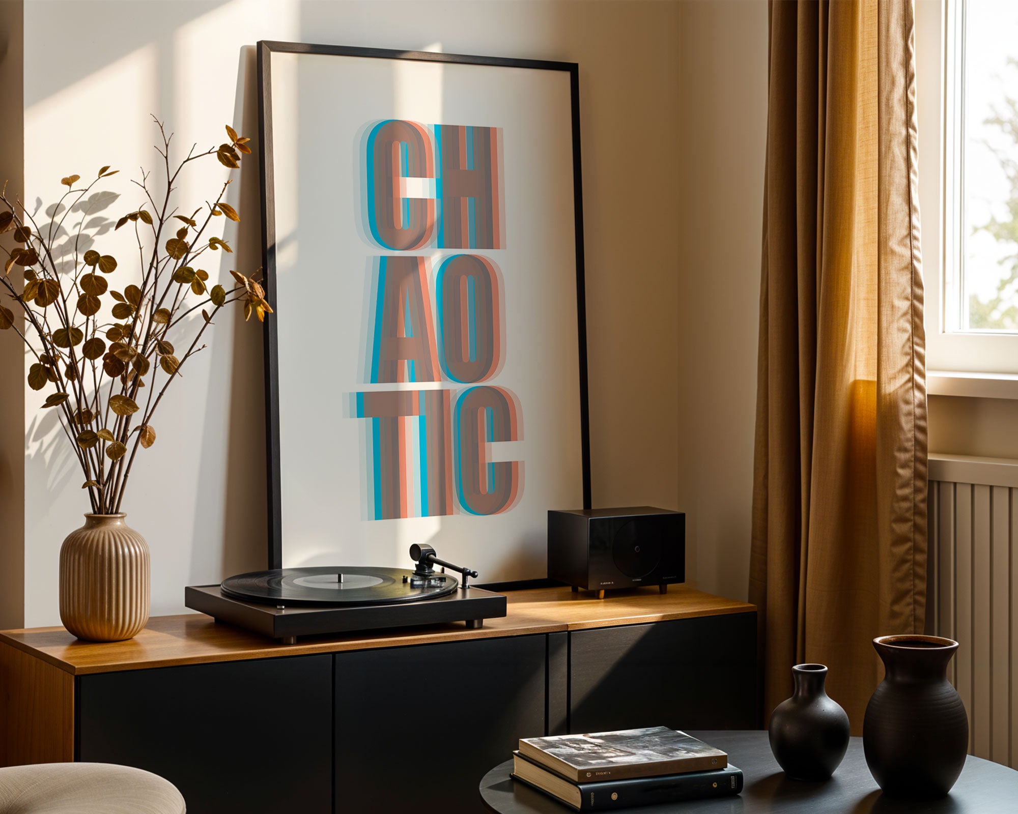 Room interior with a turntable, 'CHAOTIC' 3D effect poster, and decorative vases.