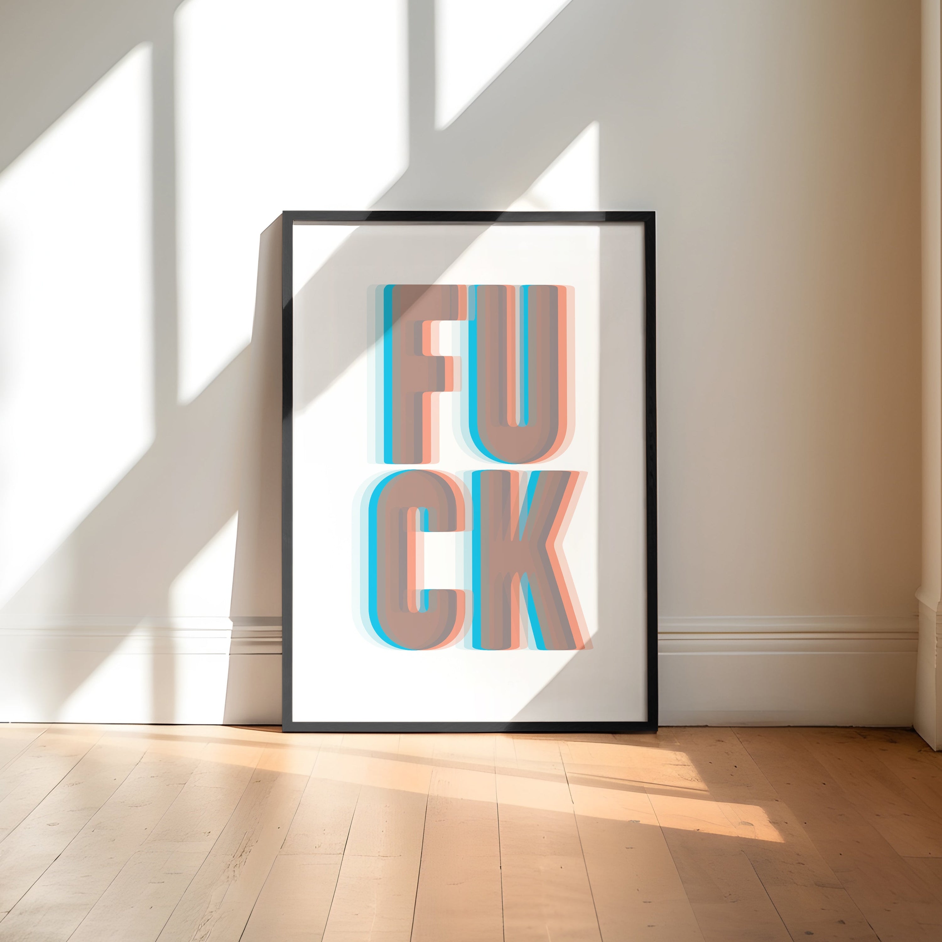 Framed artwork with the word 'Fuck' in a 3D effect in a minimal room