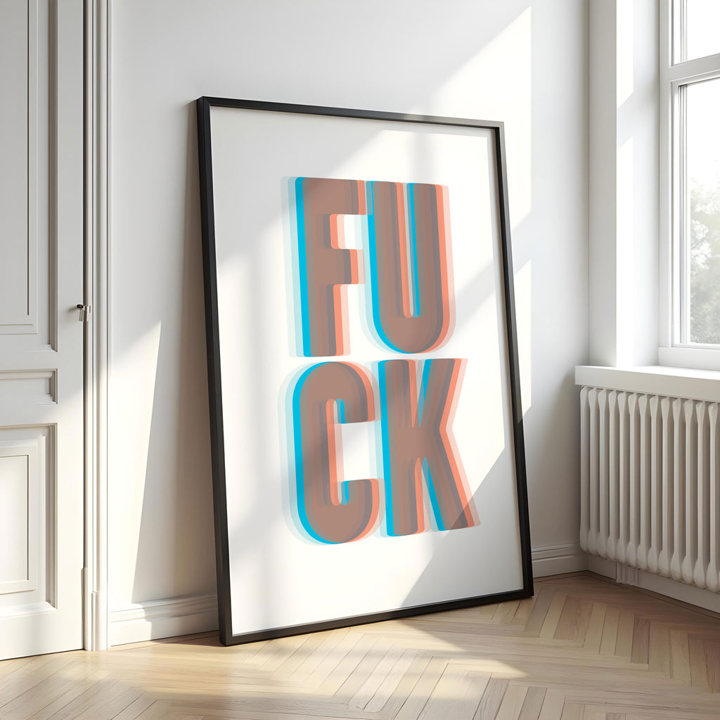 Framed artwork with the word 'Fuck' in a 3D effect in a room with a radiator and window.