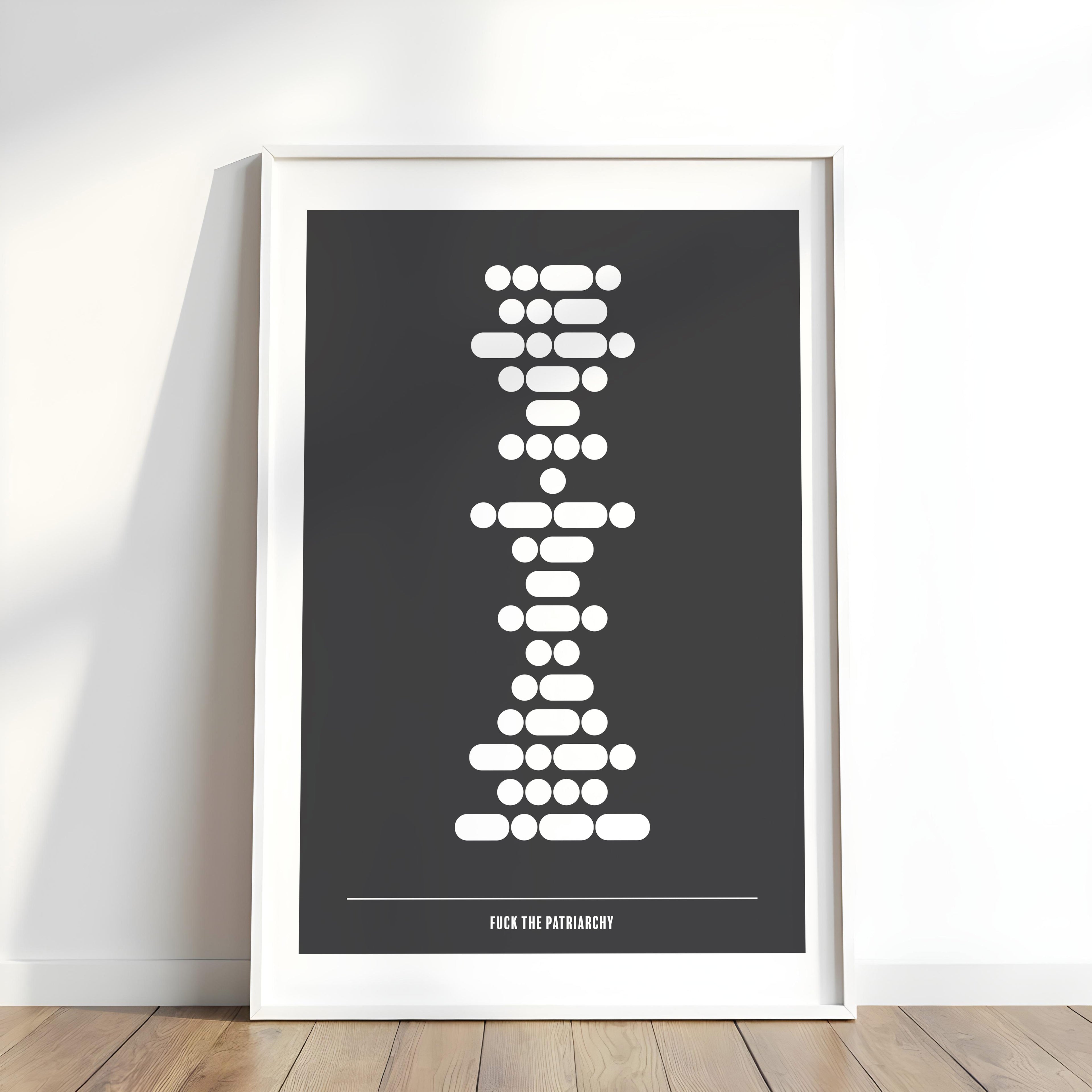 Framed artwork with a design of stacked white shapes on a dark background, mounted on a white wall.