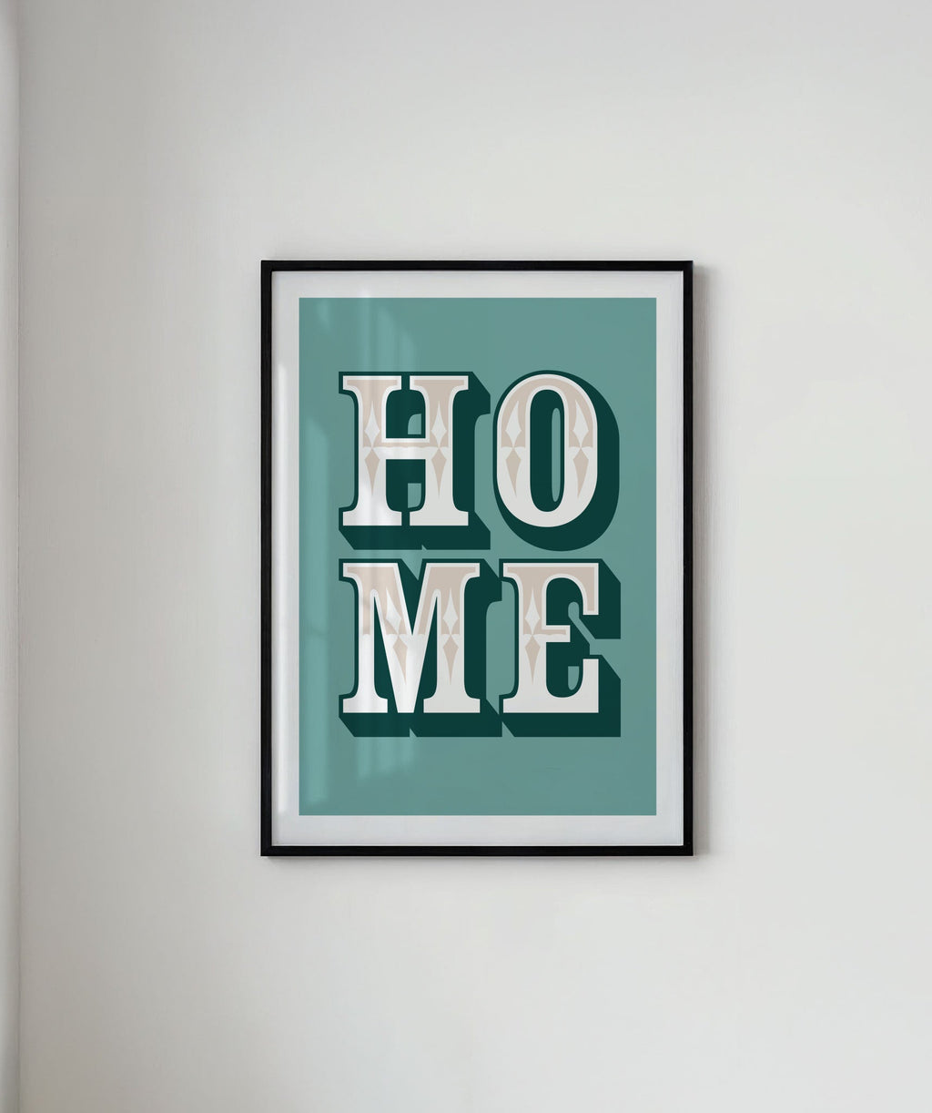 Framed artwork with 'HOME' text on a light gray wall