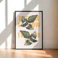A print with the saying 'One For Sorrow, Two For Joy' overlaid on two vintage magpie drawings. 