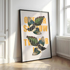 A print with the saying 'One For Sorrow, Two For Joy' overlaid on two vintage magpie drawings. 