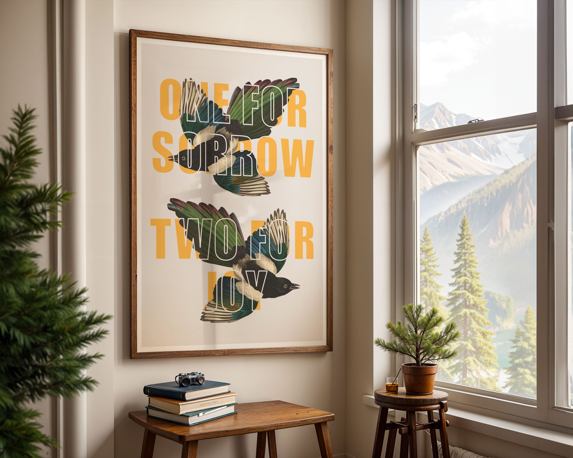 A print with the saying 'One For Sorrow, Two For Joy' overlaid on two vintage magpie drawings. 