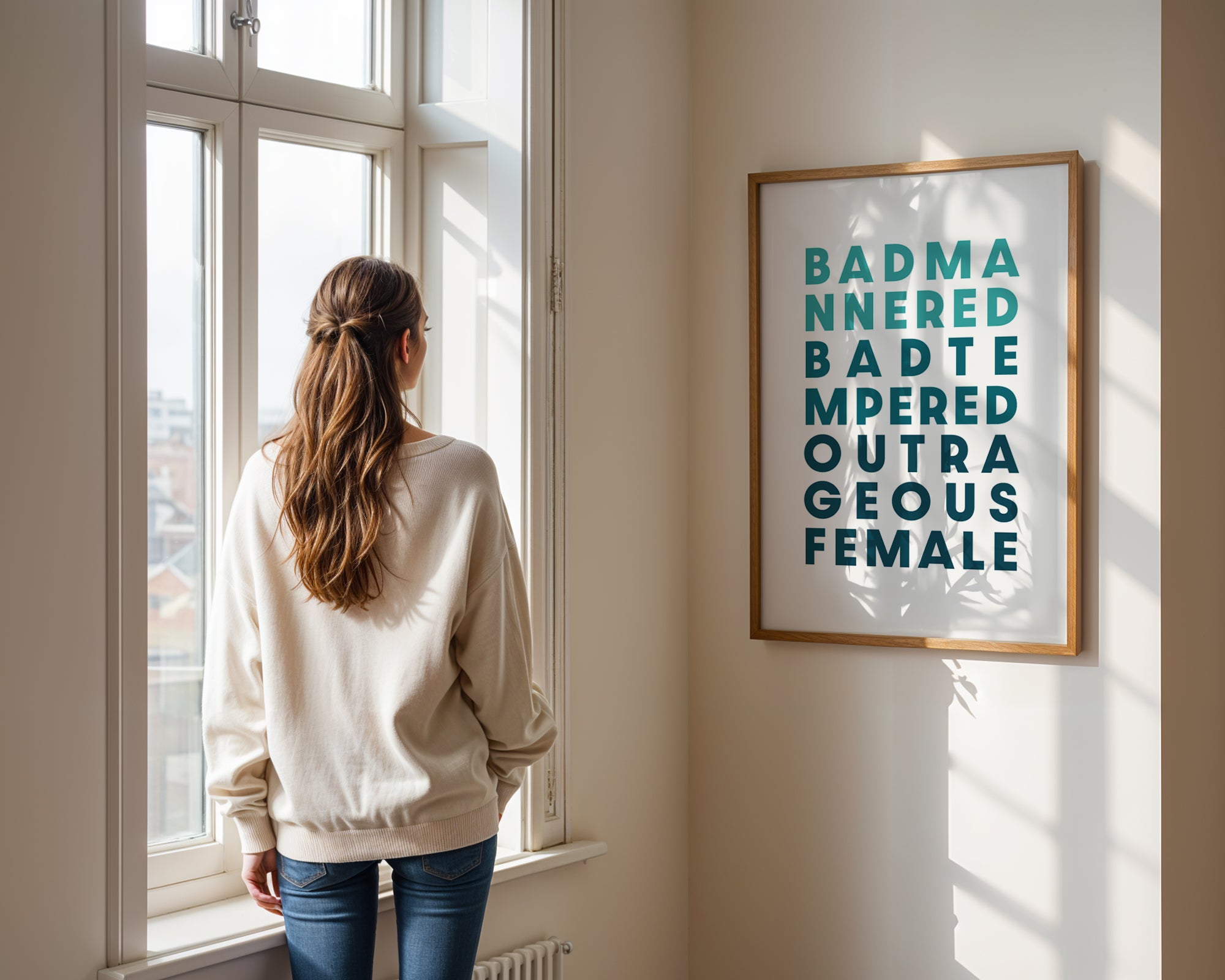 A woman standing by a window looking at a framed art piece on the wall that says 'Bad Mannered, Bad Tempered, Outrageous Female'.